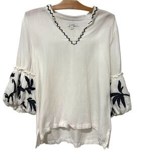 Chico's | Top Pullover Embroidered White Linen Blend V Neck- Size 12 Large 2